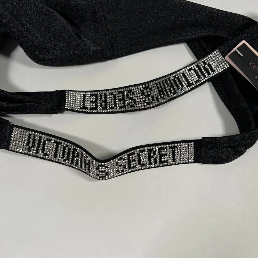 Victoria Secret 34A S Bombshell Push Up Top Bikini Set Shine Strap LOGO Black